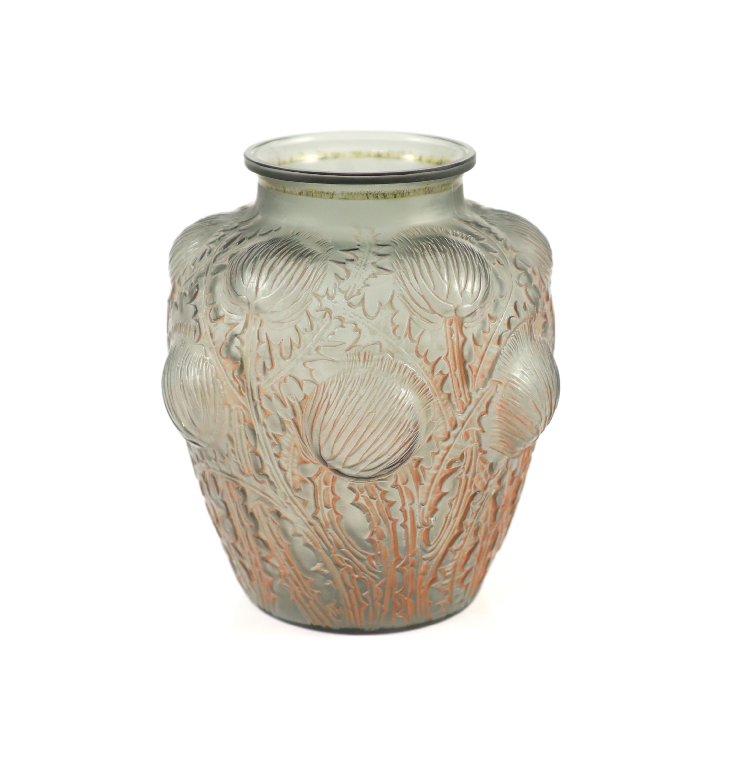 An R. Lalique 'Domremy' grey frosted glass vase, 21.5cm